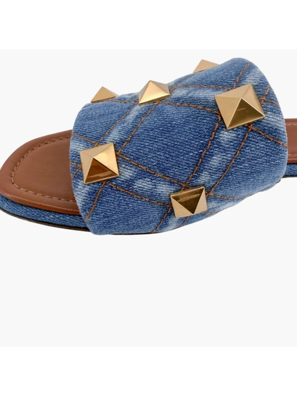 Valentino Roman Stud Denim Quilted Slide Sandals Size 41 US 11 Women’s Blue Flat